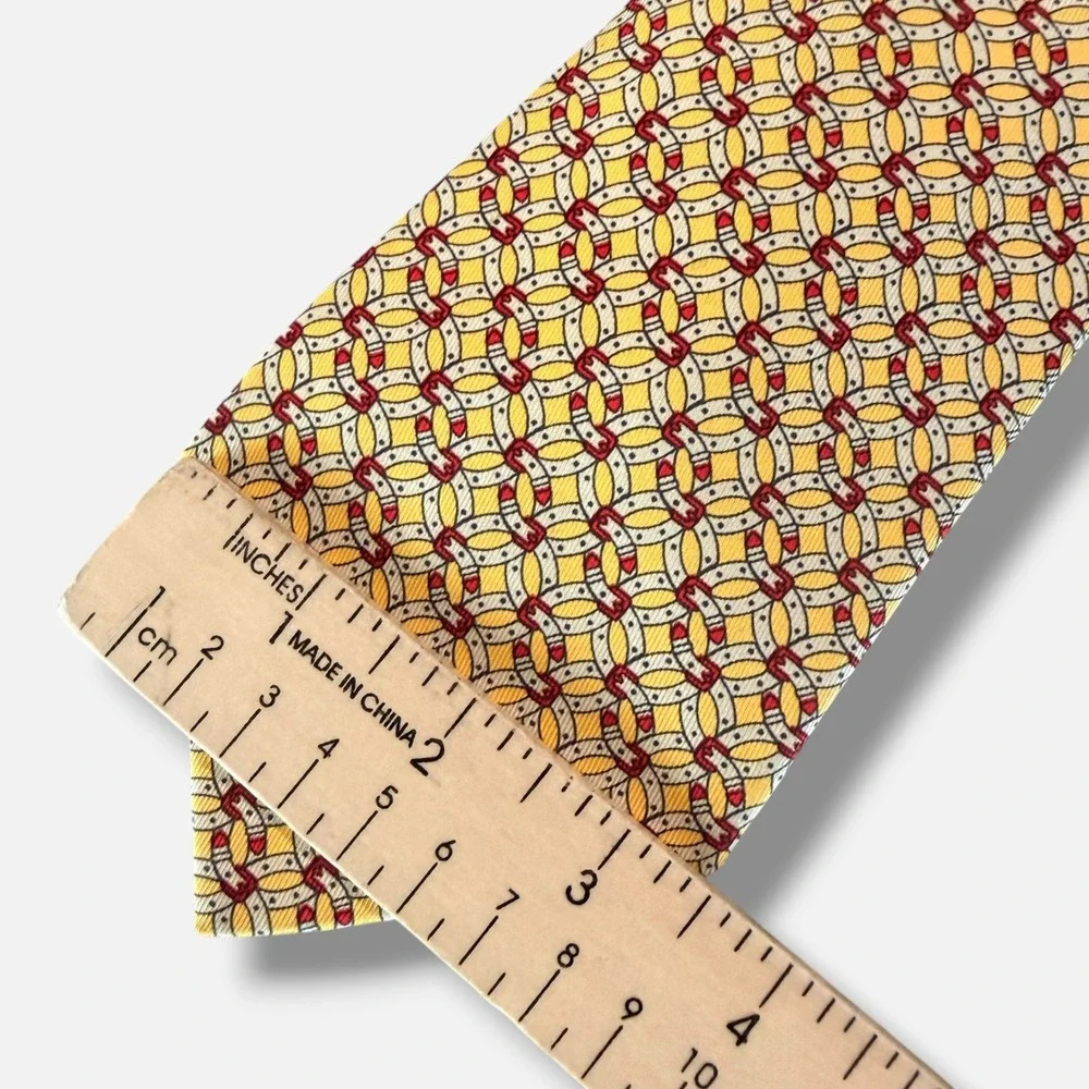 Hermes Silk Tie Mens Yellow Red Equestrian Horseshoe Geometric Print 7044 TA